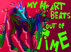 Size: 1000x729 | Tagged: safe, artist:katamarif0rever, queen chrysalis, changeling, changeling queen, g4, abstract background, color porn, female, glowing, glowing eyes, gradient background, horn, looking at you, solo, song reference, tail, teeth, text, wings