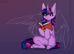 Size: 3172x2334 | Tagged: safe, artist:kutoshi, twilight sparkle, pony, unicorn, g4, belly, book, cheek fluff, ear fluff, ethereal wings, female, high res, mare, sitting, solo, wings