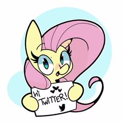 Size: 2500x2500 | Tagged: safe, artist:kindakismet, fluttershy, pony, g4, female, heart, high res, hoof hold, looking at you, mare, meta, open mouth, simple background, solo, text, twitter, white background