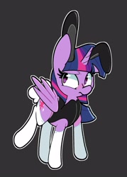 Size: 2500x3500 | Tagged: safe, artist:kindakismet, twilight sparkle, alicorn, pony, g4, black background, bunny ears, bunny suit, bunny tail, clothes, female, high res, horn, mare, outline, raised leg, simple background, solo, tail, twilight sparkle (alicorn), wings