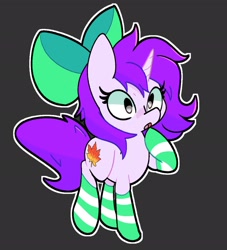 Size: 1862x2048 | Tagged: safe, artist:kindakismet, oc, oc only, oc:mable syrup, pony, unicorn, :o, black background, bow, clothes, commission, female, hair bow, horn, mare, open mouth, outline, raised hoof, simple background, socks, solo, striped socks