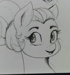 Size: 1719x1833 | Tagged: safe, artist:thelunarmoon, fluttershy, pony, g4, alternate hairstyle, aside glance, bust, female, looking at you, mare, monochrome, portrait, sketch, solo, three quarter view, traditional art