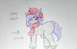 Size: 1116x716 | Tagged: safe, artist:gmangamer25, onyx, pony, unicorn, g5, my little pony: a new generation, background pony, beret, clothes, cute, female, hair over one eye, hat, horn, mare, one eye covered, scarf