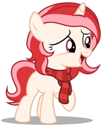 Size: 2670x3270 | Tagged: safe, artist:strategypony, oc, oc only, oc:red palette, pony, unicorn, clothes, female, filly, foal, high res, open mouth, raised hoof, scarf, simple background, smiling, solo, striped scarf, transparent background