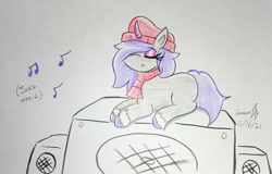 Size: 1117x715 | Tagged: safe, artist:gmangamer25, onyx, pony, unicorn, g5, my little pony: a new generation, beret, clothes, eyes closed, female, hair over one eye, hat, horn, jazz, listening to music, mare, music, music notes, relaxing, scarf, solo, speaker, traditional art