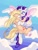 Size: 768x1024 | Tagged: safe, artist:reyam, applejack, rarity, earth pony, pony, unicorn, g4, sonic rainboom (episode), butterfly wings, cloud, duo, duo female, female, hatless, horn, hug, lesbian, looking at someone, looking down, mare, missing accessory, scared, shaking, ship:rarijack, shipping, shrunken pupils, sky, traditional art, wings