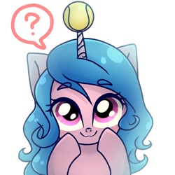 Size: 968x968 | Tagged: safe, artist:namaenonaipony, izzy moonbow, pony, unicorn, g5, ball, cute, daaaaaaaaaaaw, eye clipping through hair, eyebrows, eyebrows visible through hair, female, horn, hornball, izzy's tennis ball, izzybetes, looking at you, mare, question mark, simple background, smiling, smiling at you, solo, speech bubble, tennis ball, weapons-grade cute, white background