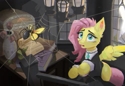 Size: 1961x1348 | Tagged: safe, artist:hornmlp, fluttershy, butterfly, pegasus, pony, spider, g4, abandoned, book, broken window, chandelier, chest, clothes, ear fluff, female, fluttergoth, food chain, indoors, lamp, looking at something, looking up, mare, missing cutie mark, open mouth, rules of nature, solo, spider web, spread wings, three quarter view, vase, window, wings