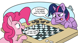 Size: 2594x1437 | Tagged: safe, artist:doodledonutart, pinkie pie, twilight sparkle, alicorn, earth pony, pony, g4, atg 2022, chess, comic, dialogue, duo, female, horn, mare, newbie artist training grounds, open mouth, open smile, smiling, twilight sparkle (alicorn)