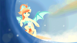 Size: 640x360 | Tagged: safe, artist:rumista, oc, oc only, oc:sunshine drift, bat pony, pony, animated, bat pony oc, bat wings, beach, bipedal, blinking, bow, clothes, commission, female, fun in the sun, gif, grin, gris swimsuit, hair bow, mare, one-piece swimsuit, rainbow, see-through, smiling, solo, spread wings, summer, surfboard, surfing, swimsuit, water, wave, wings, ych result