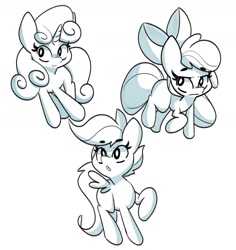 Size: 1700x1800 | Tagged: safe, artist:kindakismet, apple bloom, scootaloo, sweetie belle, earth pony, pegasus, pony, unicorn, g4, apple bloom's bow, bow, cutie mark crusaders, female, grayscale, hair bow, horn, monochrome, open mouth, raised hoof, simple background, sketch, trio, trio female, white background, wings
