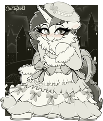 Size: 917x1082 | Tagged: safe, artist:llametsul, shining armor, pony, unicorn, g4, atg 2022, bipedal, black and white, blushing, bow, city, cityscape, clothes, crossdressing, cute, dress, eyeshadow, femboy, fluffy, grayscale, hat, looking at you, makeup, male, monochrome, newbie artist training grounds, night, ribbon, shining femboy armor, smiling, smiling at you, solo, stallion