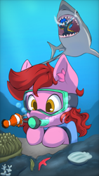 Size: 877x1560 | Tagged: safe, artist:zeroonesunray, oc, oc:darie, oc:lunatia elsa, earth pony, fish, pegasus, pony, shark, starfish, anemone, bubble, clam, clownfish, coral, couple, crepuscular rays, distracted, dive mask, diving suit, ear fluff, female, flowing mane, flowing tail, goggles, male, male prey, mare, ocean, peril, scales, scuba diving, scuba gear, seashell, seaweed, stallion, sunlight, swimming, tail, underwater, vore, water