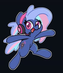 Size: 2500x2917 | Tagged: safe, artist:kindakismet, oc, oc only, oc:bit rate, earth pony, pony, black background, female, headphones, headset, headset mic, high res, looking at you, mare, open mouth, open smile, outline, simple background, smiling, smiling at you, solo