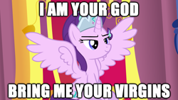 Size: 4049x2282 | Tagged: safe, artist:mrvector, derpibooru exclusive, starlight glimmer, alicorn, pony, .mov, g4, alicornified, caption, crown, high res, hotdiggedydemon, i am your god now bring me your virgins, image macro, jewelry, link in description, meme, pony.mov, race swap, regalia, smug, smuglight glimmer, solo, spread wings, starlicorn, text, vector, wings, xk-class end-of-the-world scenario, youtube link, youtube link in the description