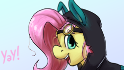 Size: 3840x2160 | Tagged: safe, artist:aliceg, fluttershy, pegasus, pony, g4, 4k, aside glance, bunny ears, bust, clothes, costume, cute, dangerous mission outfit, female, goggles, high res, hoodie, looking at you, mare, open mouth, open smile, profile, shyabetes, simple background, smiling, smiling at you, solo, white background, yay