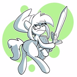 Size: 2500x2500 | Tagged: safe, artist:kindakismet, pony, angry, butt, hat, high res, hoof hold, link, looking at you, looking back, looking back at you, master sword, plot, shield, simple background, sword, the legend of zelda, weapon, white background