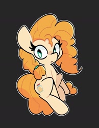 Size: 1409x1814 | Tagged: safe, artist:kindakismet, pear butter, earth pony, pony, g4, black background, female, looking at you, mare, outline, simple background, sitting, solo