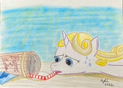 Size: 3832x2747 | Tagged: safe, oc, oc only, oc:guiding light, pony, unicorn, beach, drinking straw, exhausted, high res, soda, sweat, sweatdrops, traditional art