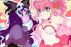 Size: 2400x1600 | Tagged: safe, artist:kisselmr, oc, oc:blueberry muffin, oc:strawberry kiss, anthro, blue eyes, bow, female, flower, flower in hair, food, strawberry