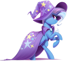 Size: 2500x2000 | Tagged: safe, artist:thebatfang, trixie, pony, unicorn, g4, brooch, cape, clothes, female, hat, high res, horn, jewelry, looking at you, mare, rearing, simple background, smiling, solo, standing on two hooves, trixie's brooch, trixie's cape, trixie's hat, white background