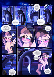 Size: 3259x4607 | Tagged: safe, artist:estories, discord, oc, oc:alice goldenfeather, draconequus, pegasus, pony, comic:nevermore, g4, blushing, comic, crying, female, male, mare, pegasus oc, shipping fuel, speech bubble, wings