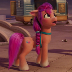 Size: 590x590 | Tagged: safe, screencap, sunny starscout, earth pony, pony, g5, my little pony: a new generation, spoiler:my little pony: a new generation, braid, coat markings, cropped, female, mare, open mouth, shocked, shocked expression, socks (coat markings), solo