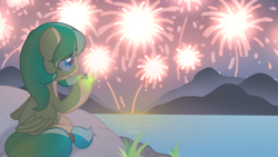 Size: 1200x675 | Tagged: safe, artist:featherfall, oc, oc only, oc:firefly glimmer, firefly (insect), insect, pegasus, pony, cute, female, fireworks, grass, lake, looking at something, mare, mountain, pegasus oc, smiling, solo, water