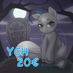 Size: 2048x2048 | Tagged: safe, artist:bluecocoaart, oc, pony, commission, edgy, goth, grave, gravestone, graveyard, high res, horseshoes, moon, night, outdoors, sitting, solo, your character here