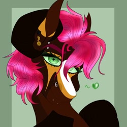 Size: 400x400 | Tagged: safe, artist:inisealga, oc, oc only, oc:cherry fuse, pony, succubus, succubus pony, abstract background, bust, coat markings, colored pupils, facial markings, female, folded wings, heart, mare, piercing, portrait, solo, succubus oc, wings
