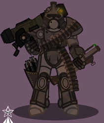 Size: 4245x5021 | Tagged: safe, artist:devorierdeos, oc, oc only, oc:steelhooves, ghoul, human, undead, fallout equestria, equestria girls, g4, absurd resolution, armor, brown background, grenade launcher, heavy weapons guy, m79, power armor, rocket launcher, shadow, simple background, solo, steel ranger, weapon