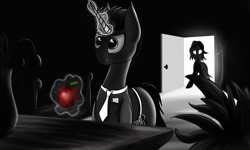 Size: 3000x1800 | Tagged: safe, artist:stravy_vox, pony, unicorn, apple, beholder (video game), door, food, necktie, neo noir, partial color, ponified