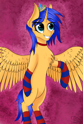 Size: 2000x3000 | Tagged: safe, artist:stravy_vox, oc, oc only, alicorn, pony, alicorn oc, clothes, crown, high res, horn, jewelry, male, regalia, socks, solo, striped socks, wings