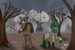 Size: 3000x2000 | Tagged: safe, artist:stravy_vox, oc, oc only, diamond dog, earth pony, pony, fallout equestria, amputee, clothes, duo, high res, jumpsuit, pipbuck, prosthetic limb, prosthetics, satellite dish, torn ear, tree