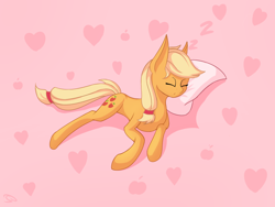 Size: 4000x3000 | Tagged: safe, artist:stravy_vox, applejack, earth pony, pony, g4, apple, cute, eyes closed, female, food, hatless, heart, high res, jackabetes, mare, missing accessory, onomatopoeia, pillow, pink background, simple background, sleeping, solo, sound effects, zzz