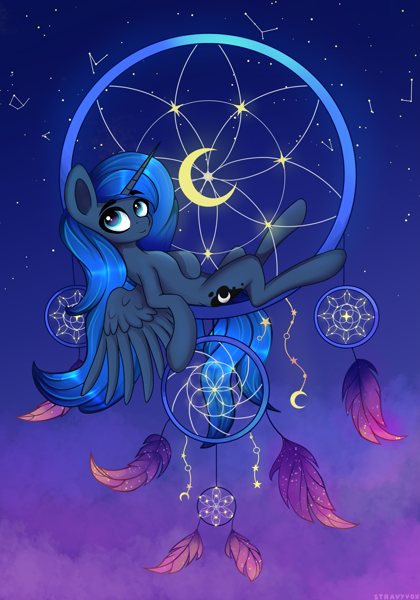 Size: 2625x3750 | Tagged: safe, artist:stravy_vox, princess luna, alicorn, pony, cloud, cyan eyes, dreamcatcher, featured image, female, high res, horn, looking at you, mane, mare, smiling, smiling at you, solo, stars, sweet dreams fuel, tail, wings