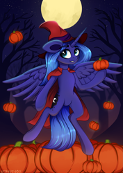 Size: 2631x3721 | Tagged: safe, artist:stravy_vox, princess luna, alicorn, pony, g4, bipedal, cape, clothes, halloween, hat, high res, holiday, moon, night, pumpkin, solo, tree, witch hat