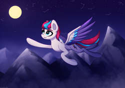 Size: 3721x2631 | Tagged: safe, artist:stravy_vox, zipp storm, pegasus, pony, g5, my little pony: a new generation, spoiler:my little pony: a new generation, colored wings, constellation, female, flying, grin, high res, mare, moon, mountain, multicolored wings, night, night sky, sky, smiling, solo, stars, wings