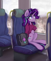 Size: 2540x3000 | Tagged: safe, artist:stravy_vox, starlight glimmer, pony, unicorn, g4, bag, clothes, complex background, eye clipping through hair, eyebrows, eyebrows visible through hair, female, high res, hoodie, mare, saddle bag, sitting, solo, train