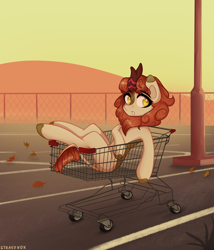 Size: 3000x3500 | Tagged: safe, artist:stravy_vox, autumn blaze, kirin, g4, autumn leaves, cloven hooves, eyebrows, eyebrows visible through hair, eyelashes, female, fence, high res, horn, leaf, leaves, mare, parking lot, shopping cart, solo, tail
