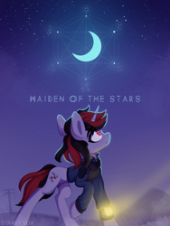 Size: 3000x4000 | Tagged: safe, artist:stravy_vox, oc, oc only, oc:blackjack, pony, unicorn, fallout equestria, fallout equestria: project horizons, crescent moon, fanfic art, female, high res, mare, moon, poster, raised hoof, solo