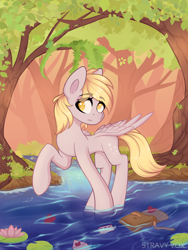 Size: 3000x4000 | Tagged: safe, artist:stravy_vox, derpy hooves, pegasus, pony, g4, bag, female, forest, frown, high res, i just don't know what went wrong, letter, lilypad, mailbag, mare, river, solo, water