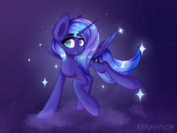 Size: 4000x3000 | Tagged: safe, artist:stravy_vox, princess luna, alicorn, pony, g4, cloud, frown, high res, s1 luna, solo, sparkles