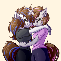 Size: 4000x4000 | Tagged: safe, artist:witchtaunter, oc, unicorn, anthro, clothes, commission, couple, cute, ear fluff, eyes closed, female, lesbian, pants, shirt, simple background, smiling
