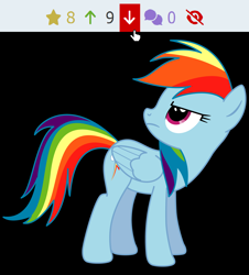 Size: 1600x1772 | Tagged: safe, artist:larsurus, edit, editor:thegamerpainter, vector edit, rainbow dash, pegasus, pony, derpibooru, g4, angry, breaking the fourth wall, downvote bait, female, folded wings, frown, full body, hey, hooves, looking up, mare, meta, mouse cursor, she knows, solo, standing, tail, unamused, vector, wings
