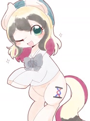 Size: 1494x2007 | Tagged: safe, artist:ginmaruxx, oc, oc only, earth pony, pony, bipedal, blush sticker, blushing, bowtie, clothes, eye clipping through hair, female, hat, looking at you, mare, one eye closed, open mouth, open smile, simple background, smiling, smiling at you, solo, sparkles, white background, wink, winking at you