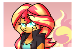 Size: 5220x3396 | Tagged: safe, artist:iceflower99, sunset shimmer, human, equestria girls, g4, bust, clothes, eye clipping through hair, jacket, simple background, solo, video at source, video in description
