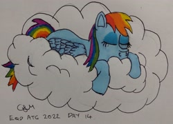 Size: 2791x2004 | Tagged: safe, artist:rapidsnap, rainbow dash, pegasus, pony, g4, atg 2022, cloud, female, high res, mare, nap, newbie artist training grounds, on a cloud, simple background, sleeping, sleeping on a cloud, solo, traditional art, white background