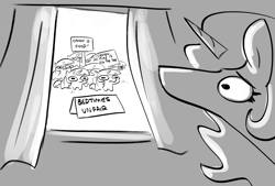 Size: 3321x2250 | Tagged: safe, artist:tjpones, princess celestia, twilight sparkle, alicorn, pony, unicorn, g4, black and white, drapes, female, filly, filly twilight sparkle, foal, grayscale, high res, mare, monochrome, multeity, protest, sign, sparkle sparkle sparkle, twiggie, window, younger