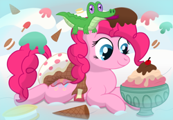 Size: 2900x2014 | Tagged: safe, artist:sweetielover, gummy, pinkie pie, alligator, earth pony, pony, g4, cookie, diaper, diaper fetish, female, fetish, food, high res, ice cream, male, mare, non-baby in diaper, poofy diaper, snow